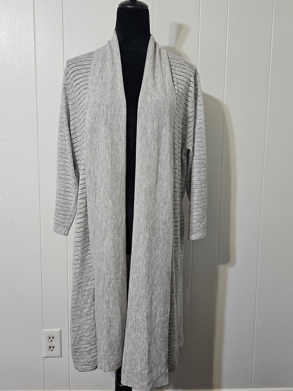 Neiman Marcus XL Gray Open Cardigan Long Duster Ribbed Knit Lightweight